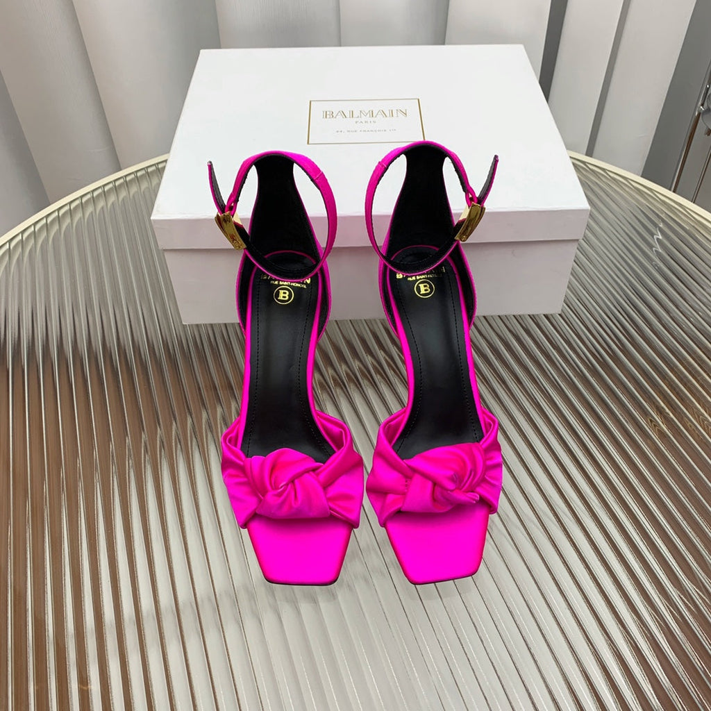 BALMAIN 25S KNOTTED HIGH HEELS 95MM IN NEON PINK SATIN