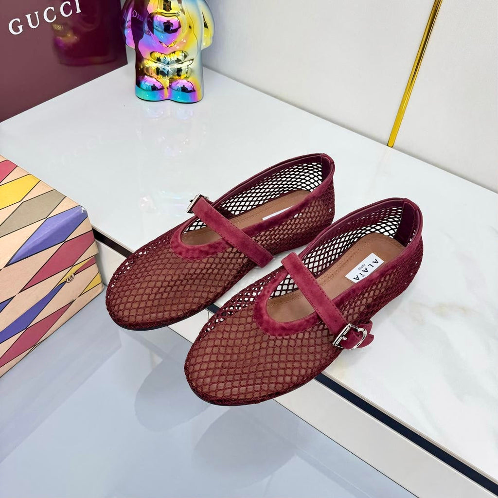 ALAIA MARY JANE FLAT 25S IN DARK RED MESH SUEDE