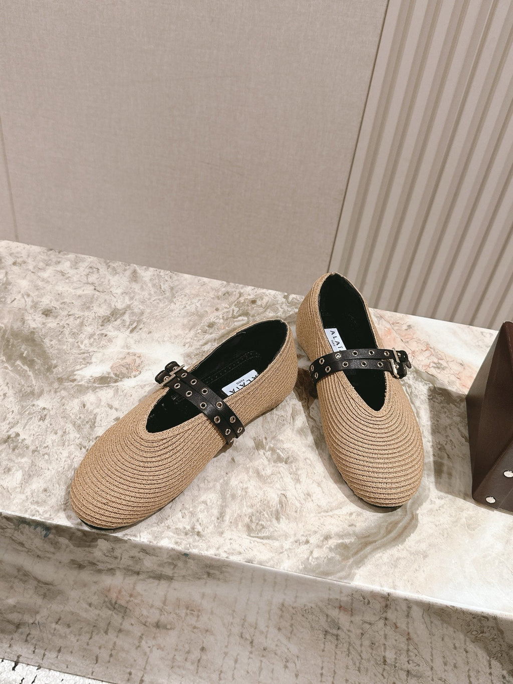 ALAIA MARY JANE 25S IN BEIGE RAFFIA AND BLACK LAMBSKIN WITH SILVER HARDWARE