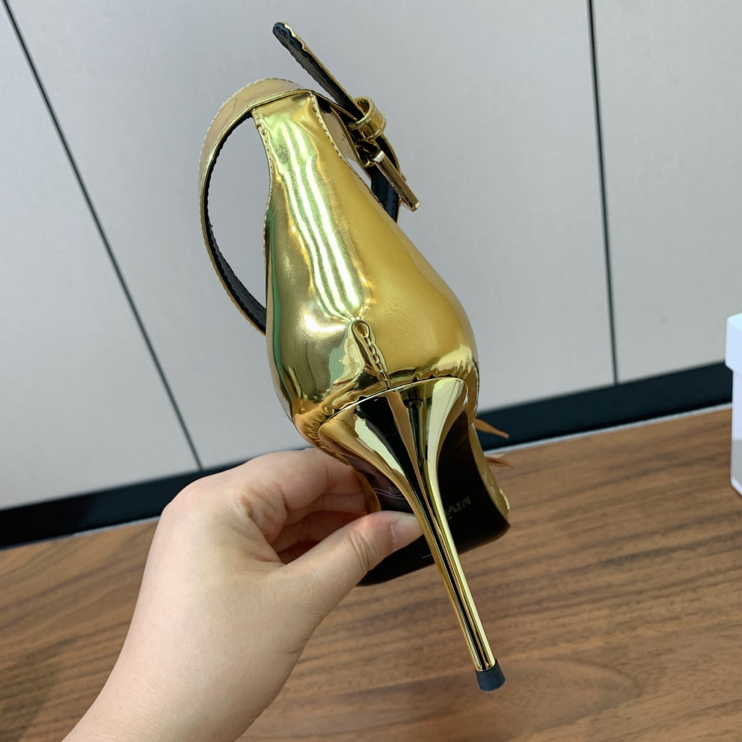 BALMAIN 25S RUBY GOLD HEELED SANDALS 95MM IN PATENT CALFSKIN