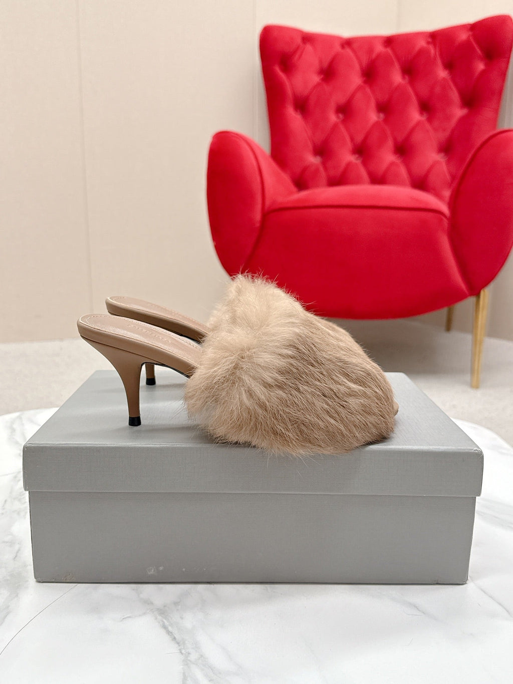 BALENCIAGA 25S HIGH HEEL SANDALS 65 MM IN LIGHT BROWN LAMBSKIN AND FUR