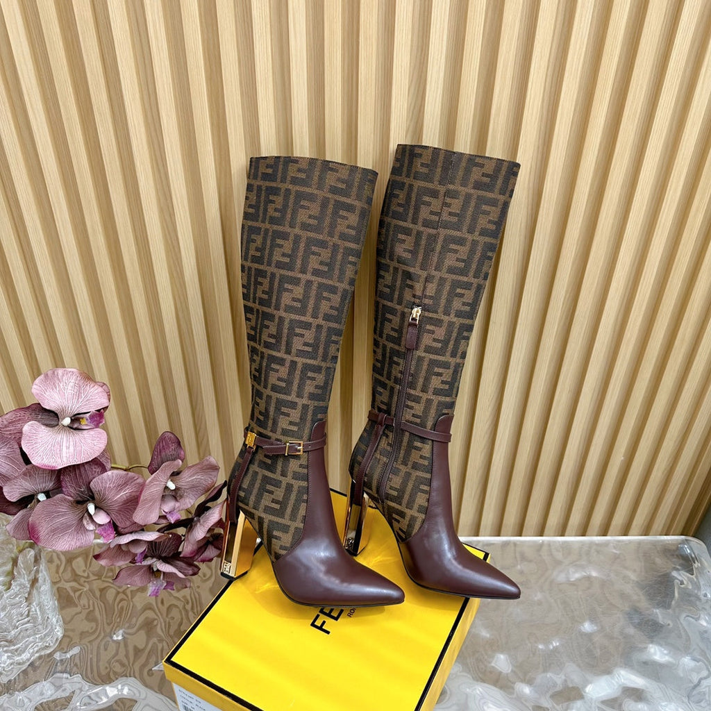 FF BOOTIES HIGH BOOTS IN SANGRIA CALFSKIN AND MEDIUM BROWN MONOGRAM FF FABRIC