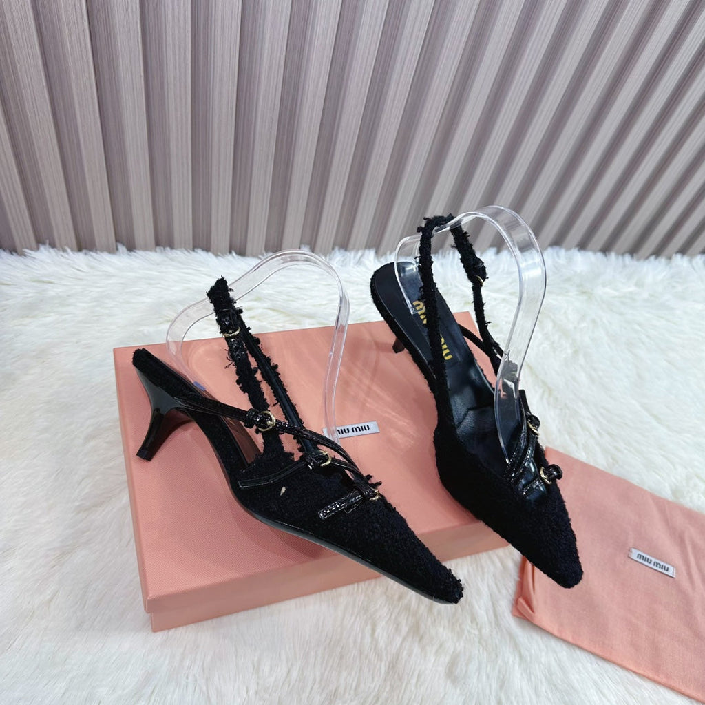 CROSS STRAP HIGH HEELED SLINGBACK IN BLACK TWEED