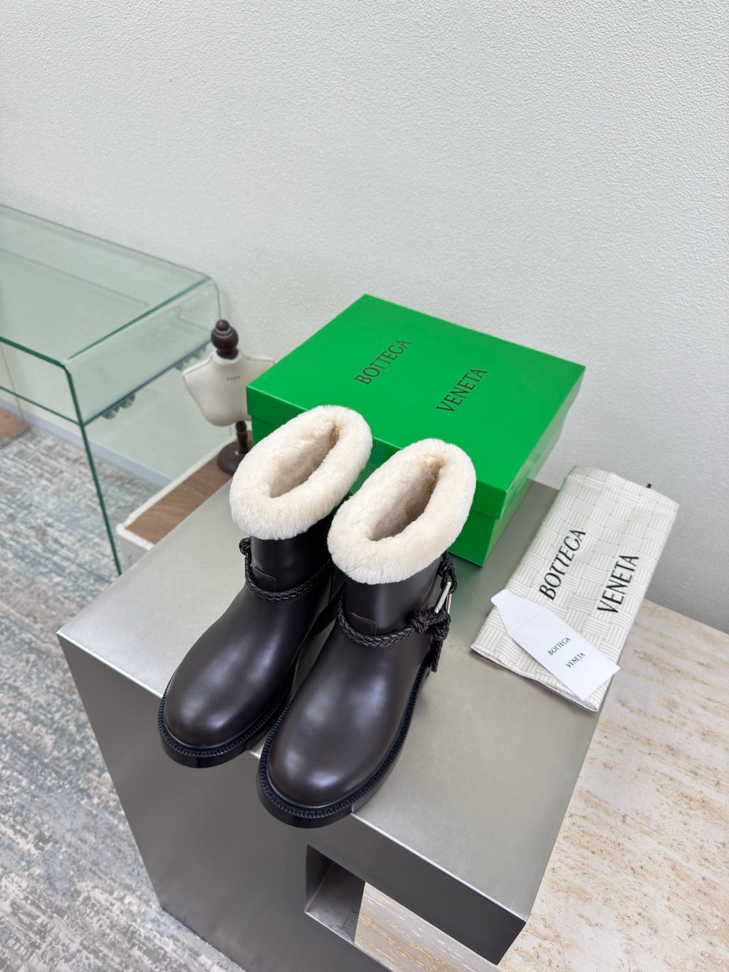 BOTTEGA VENETA 26S FUR-LINED BOOTS IN DARK BROWN CALFSKIN AND WHITE WOOL