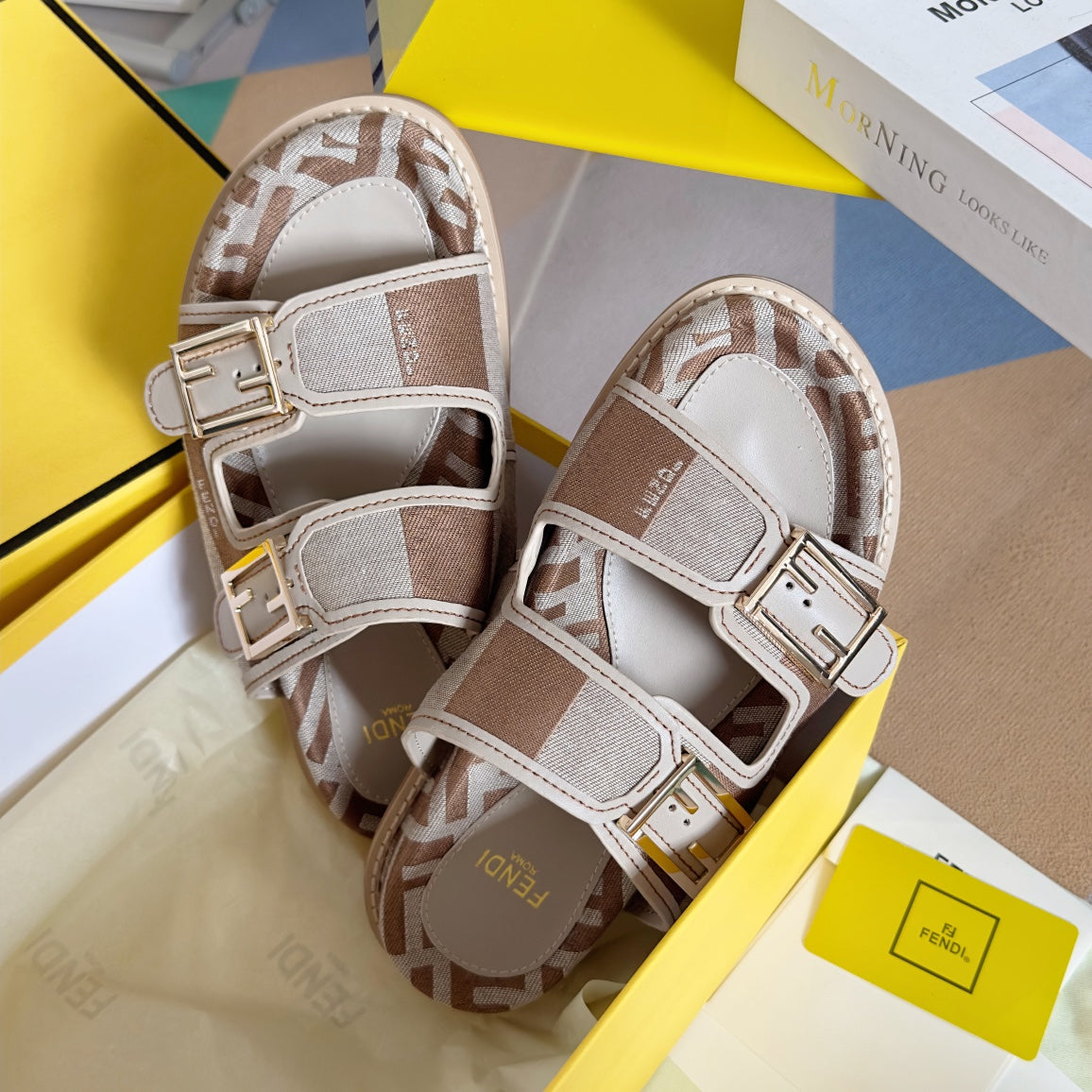 FENDI DAD SANDAL IN WHITE MIX CIDER BROWN MONOGRAM JACQUARD FABRIC