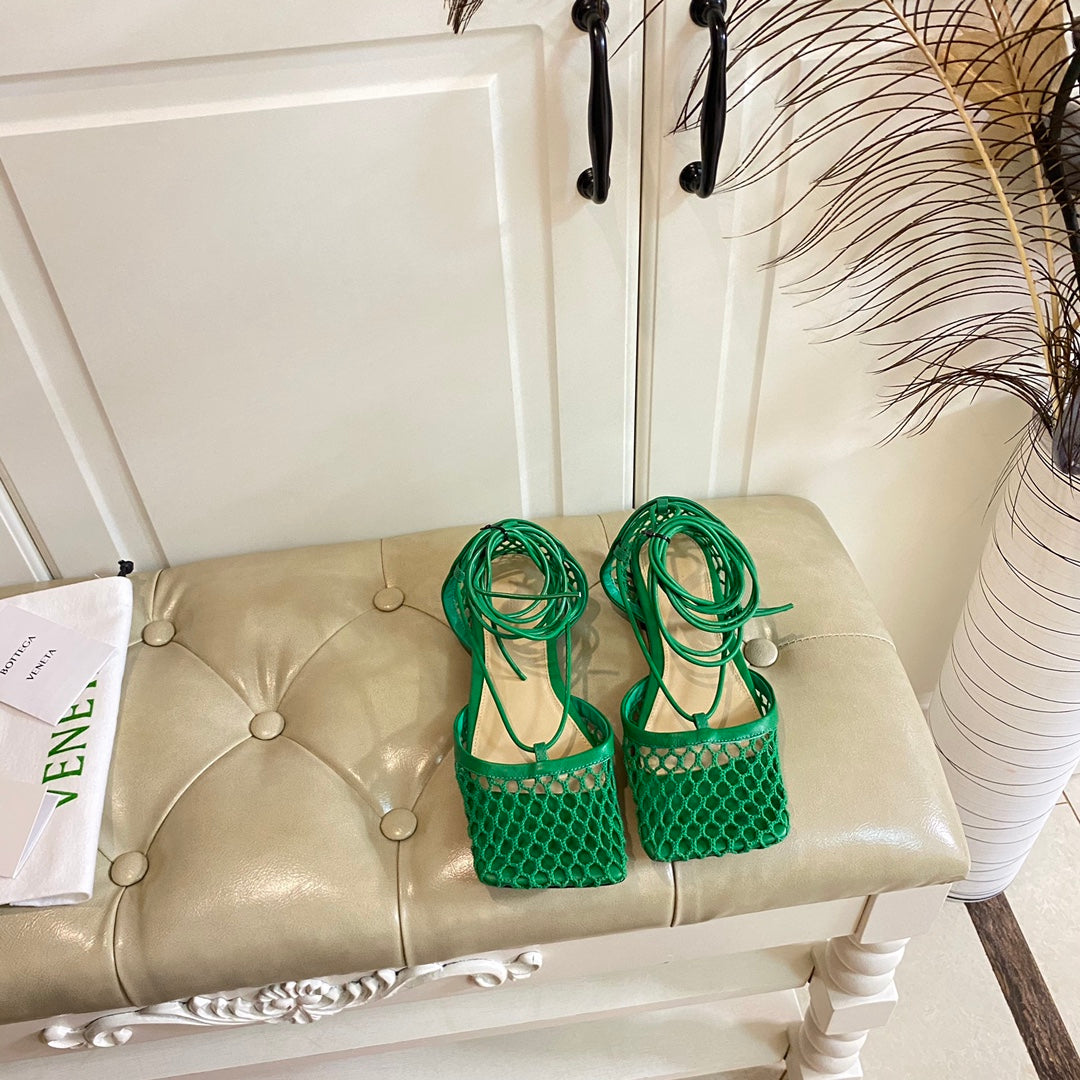 BOTTEGA VENETA STRETCH LACE-UP FLAT SANDAL IN COOL GREEN METALLIZED MESH AND LEATHER