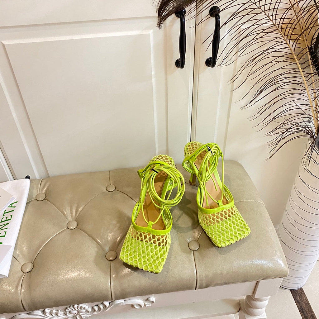 BOTTEGA VENETA STRETCH LACE-UP SANDAL IN NEON GREEN METALLIZED MESH AND LEATHER 9 CM