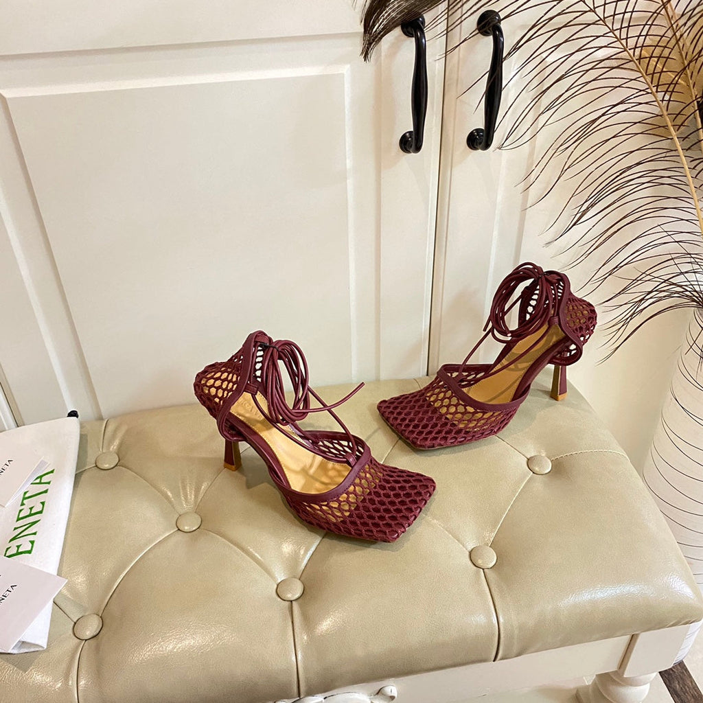 BOTTEGA VENETA STRETCH LACE-UP SANDAL IN WINE RED METALLIZED MESH AND LEATHER 9 CM