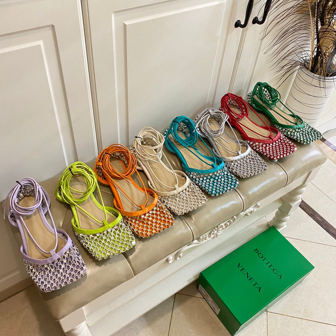BOTTEGA VENETA LACE-UP FLAT SANDAL IN CERULEAN BLUE METALLIZED MESH AND LEATHER WITH RHINSTONES