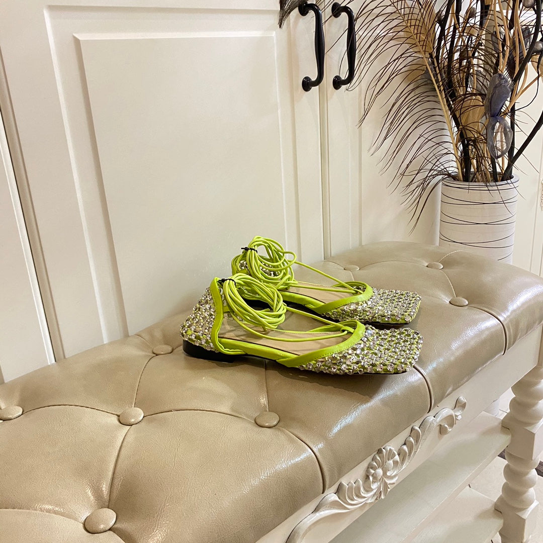 BOTTEGA VENETA LACE-UP FLAT SANDAL IN NEON YELLOW METALLIZED MESH AND LEATHER WITH RHINSTONES