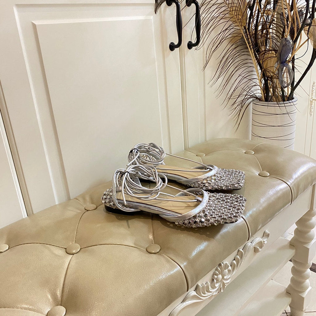 BOTTEGA VENETA LACE-UP FLAT SANDAL IN SILVER METALLIZED MESH AND LEATHER WITH RHINSTONES