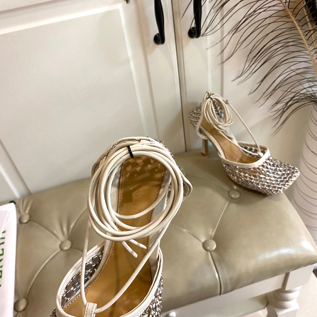 BOTTEGA VENETA LACE-UP SANDAL IN WHITE CREAM METALLIZED MESH AND LEATHER WITH RHINSTONES 9 CM