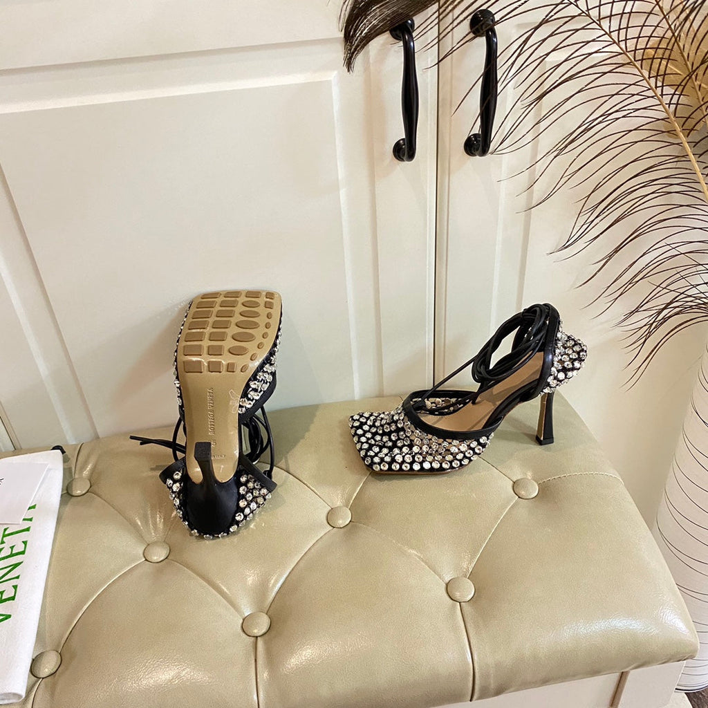 BOTTEGA VENETA LACE-UP SANDAL IN BLACK METALLIZED MESH AND LEATHER WITH RHINSTONES 9 CM
