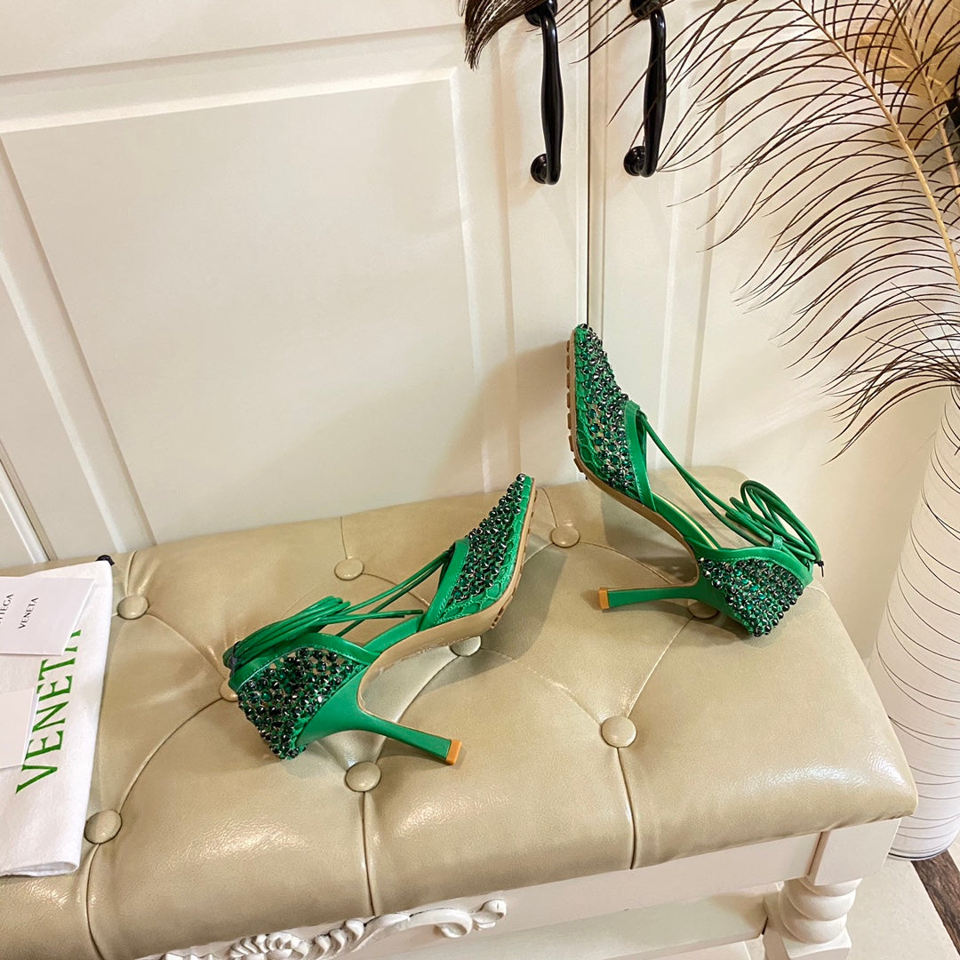 BOTTEGA VENETA LACE-UP SANDAL IN COOL GREEN METALLIZED MESH AND LEATHER WITH RHINSTONES 9 CM