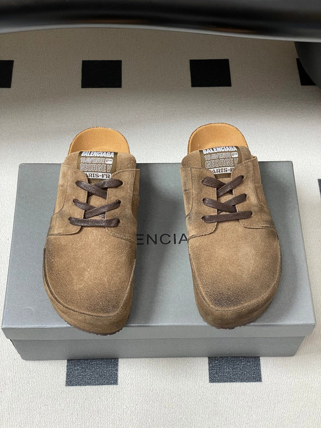 BALENCIAGA 25S MULES BIRKENSTOCK IN CARAMEL BROWN SUEDE