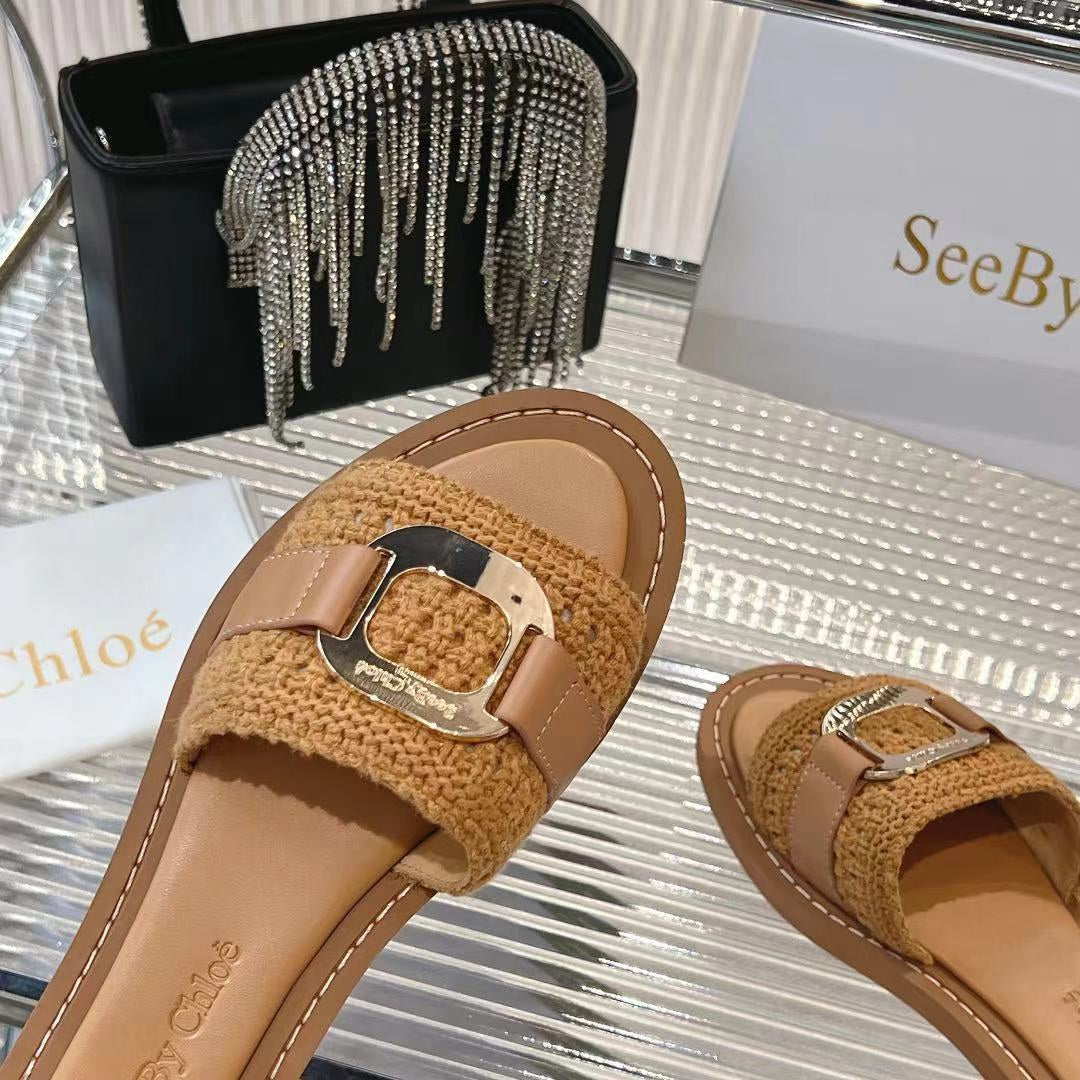WOVEN SLIDE MULE IN RUSSET BROWN WOOL AND LAMBSKIN GOLD HARDWARE