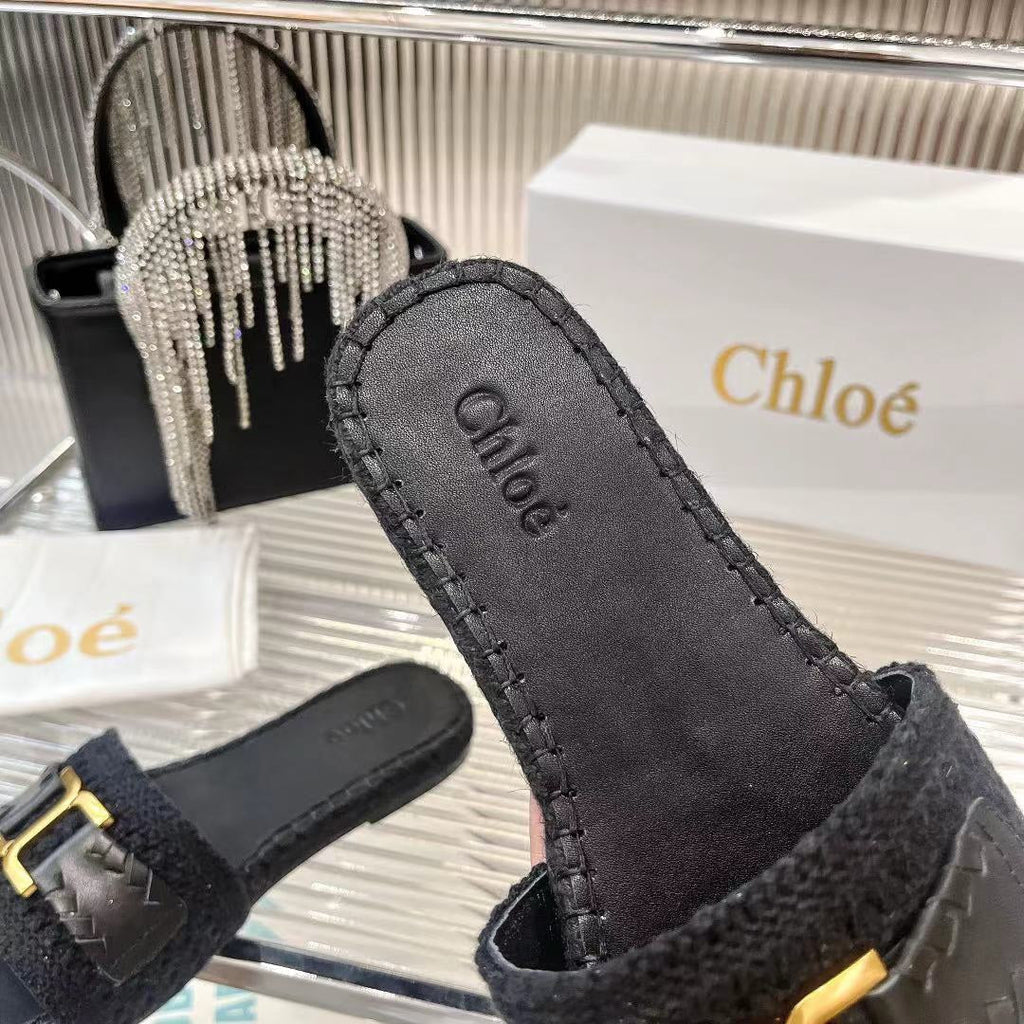 WOVEN SLIPPER IN BLACK WOOL AND LAMBSKIN GOLD HARDWARE