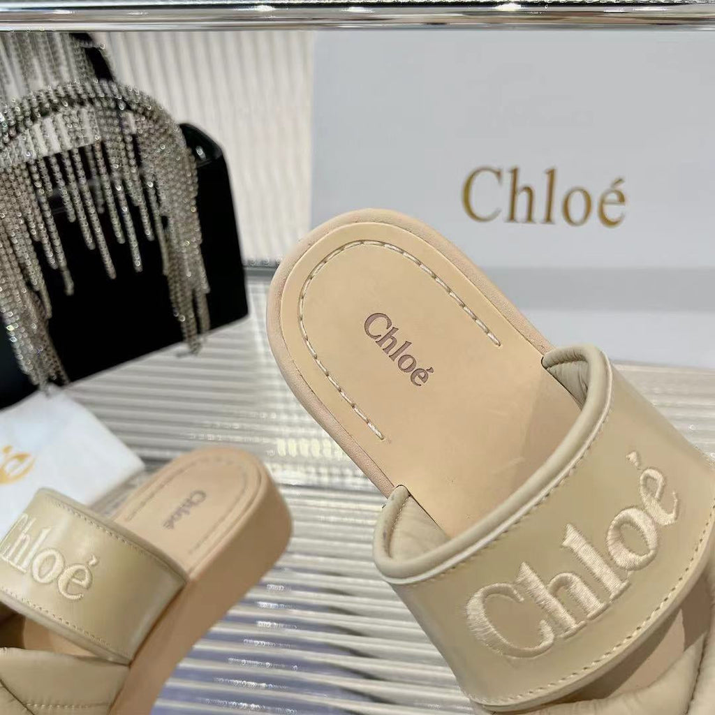 MILA FLAT SLIDES 5 CM IN BEIGE EICRU CALFSKIN AND RE-NYLON