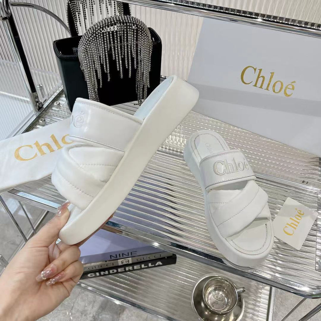 MILA FLAT SLIDES 5 CM IN WHITE CALFSKIN AND RE-NYLON