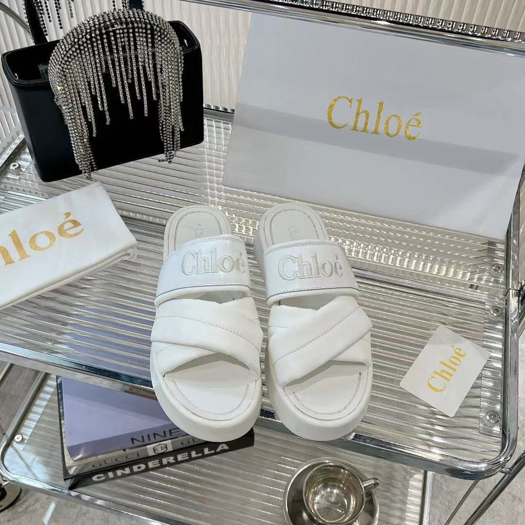 MILA FLAT SLIDES 5 CM IN WHITE CALFSKIN AND RE-NYLON