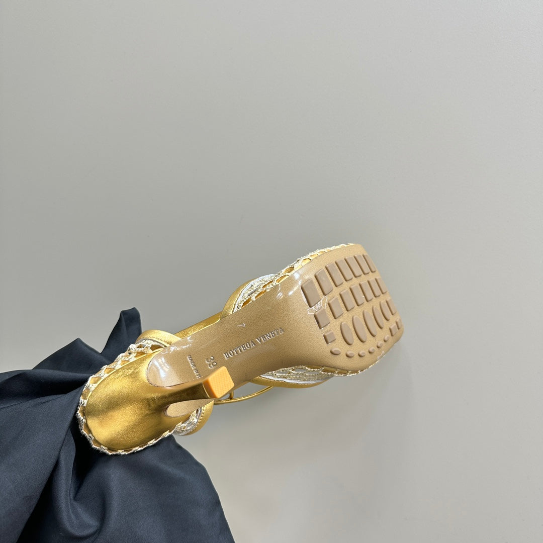 BOTTEGA VENETA STRETCH HIGH HEELS 9 CM IN GOLD METALLIZE MESH AND LEATHER