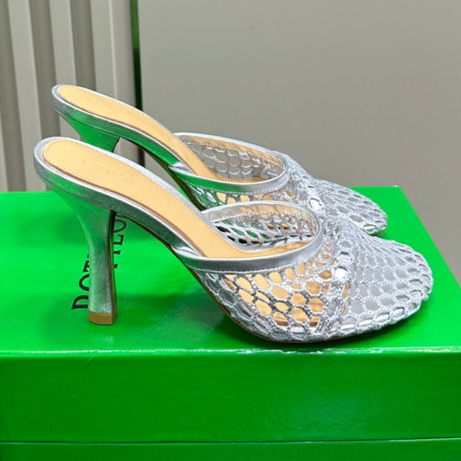 BOTTEGA VENETA HIGH MULE 9 CM IN SILVER METALLIZE MESH AND LEATHER