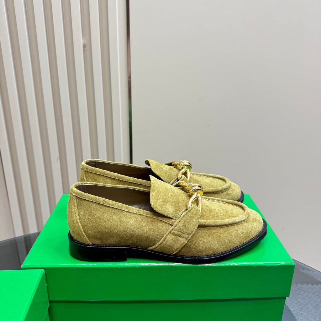 BOTTEGA VENETA ASTAIRE LOAFER IN OLIVE GREEN SUEDE WITH GOLD HARDWARE