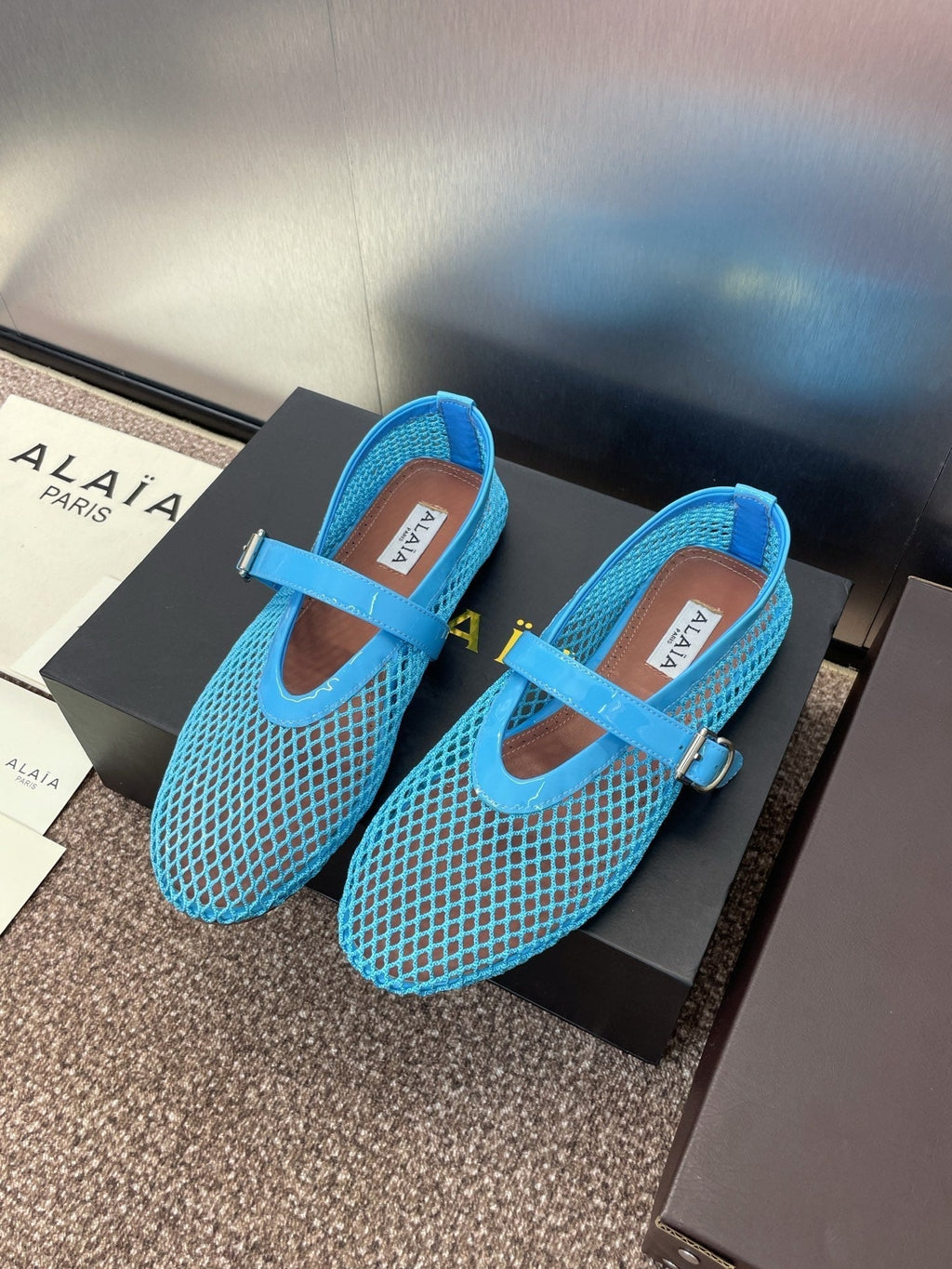 ALAIA MARY JANE FLAT 25S IN BLUE MESH CALFSKIN