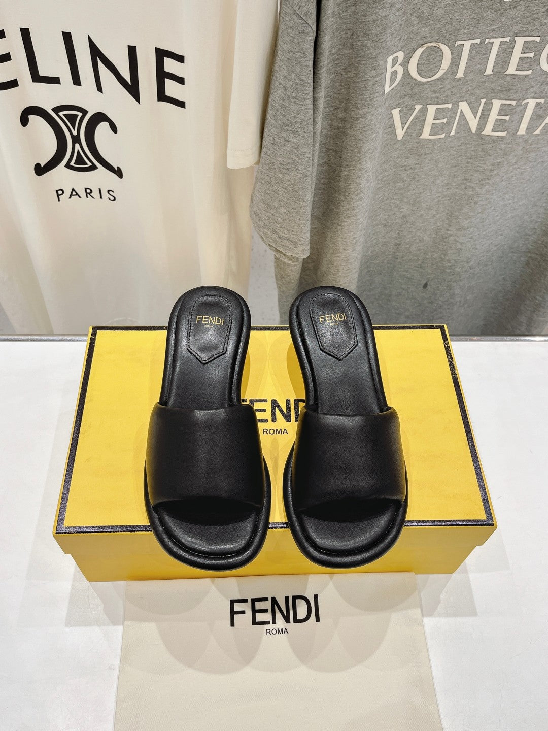 FENDI BAGUETTE MEDIUM-HEEL SANDALS 45 MM IN BLACK CALFSKIN